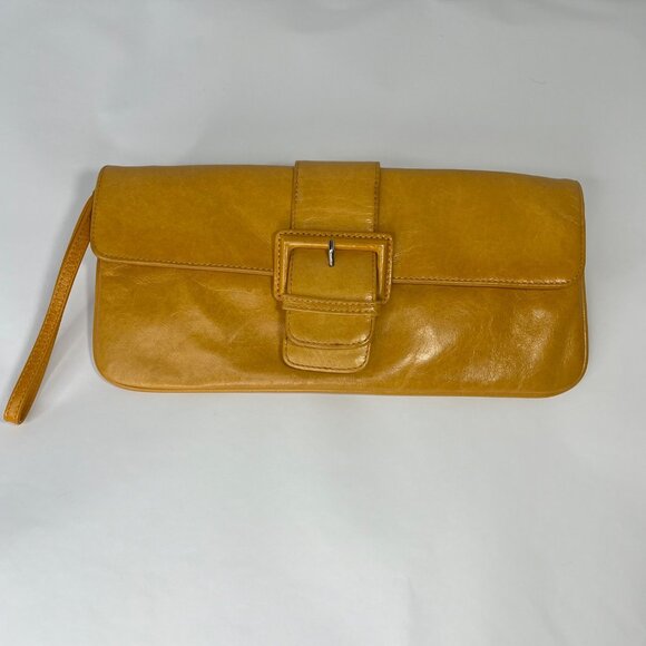 Hobo International Mustard Yellow Leather Clutch Purse With Buckle Strap & Wrist - Picture 1 of 7